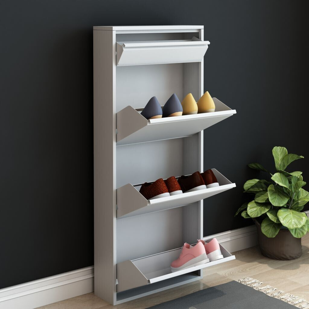 en.casa Shoe cabinet 'Sokndal' with 3+1 tilting compartments 118x50x15 cm white