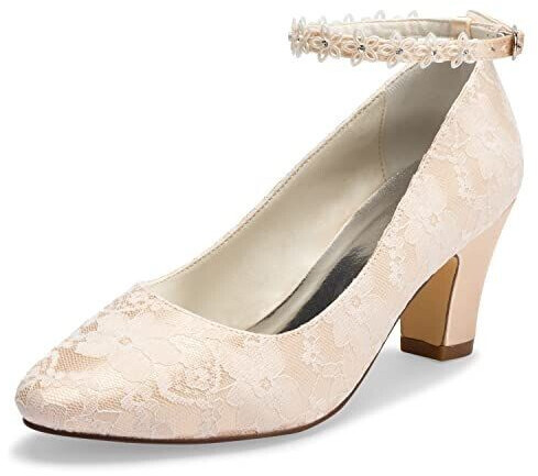 Jia Jia Women's Bridal Shoes Closed Toe Chunky Heel Lace Satin Pumps Champagne