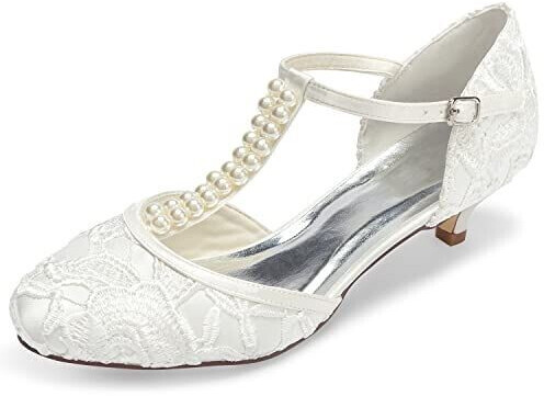 Jia Jia 01129 Women's Bridal Shoes closed toe T-strap low heel lace satin pumps Ivory