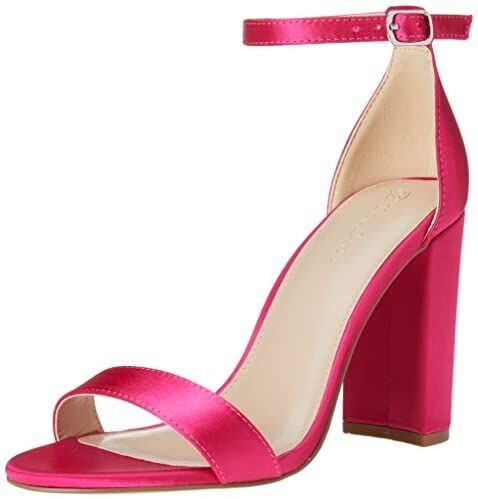 The Drop Rebecca Strappy Sandals with High Block Heel pink satin