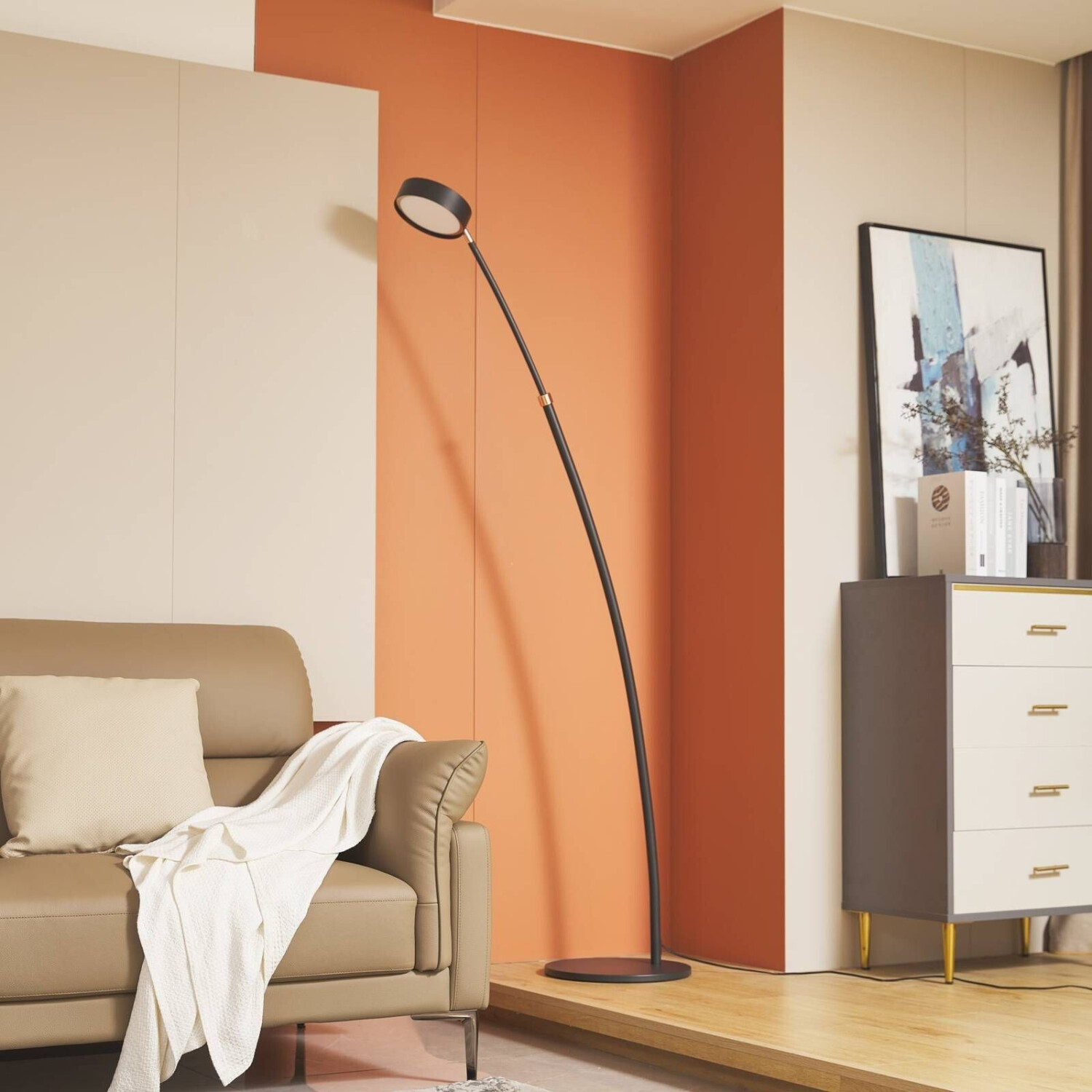 Lucande Boga LED arc floor lamp, sand black, dimmable