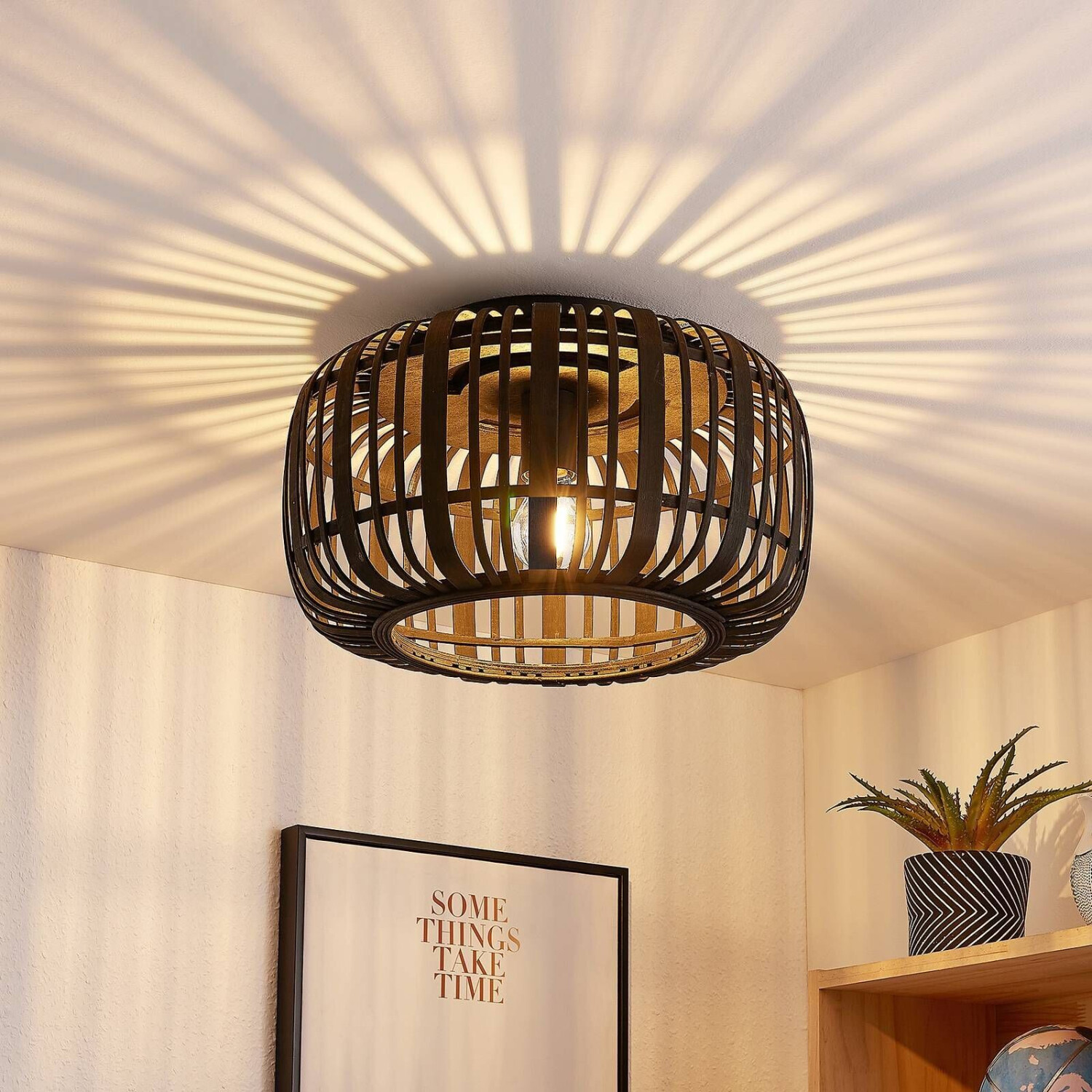 Lindby Canyana ceiling light, black, rattan, Ø 40 cm