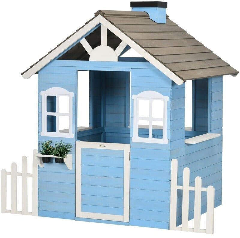 Outsunny Wooden Playhouse for Kids Outdoor with Flower Pot Holders blue