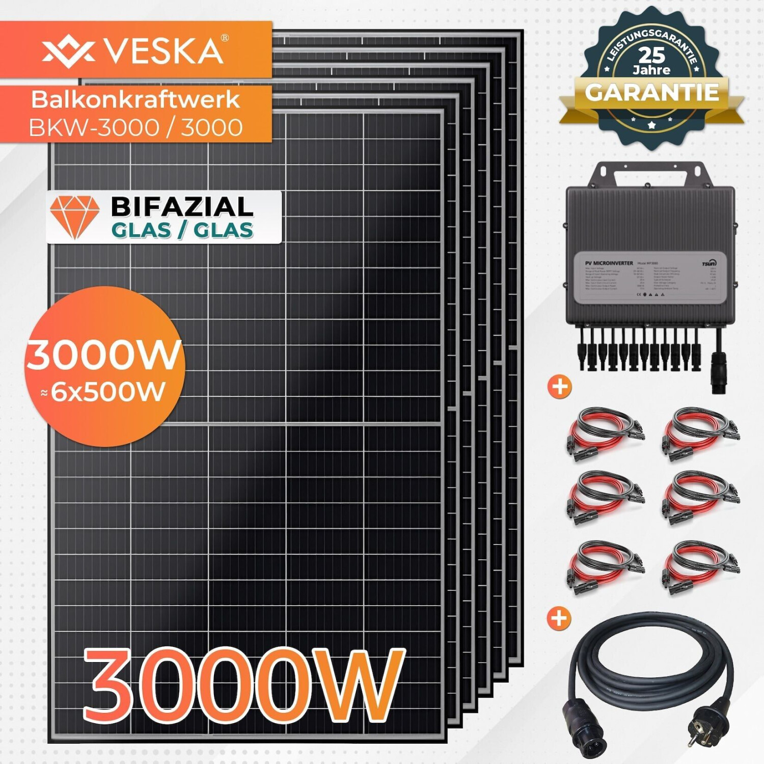 VESKA Solaranlage 3000W mit 6 x 500Wp Modulen, TSUN TSOLMP3000, 5m