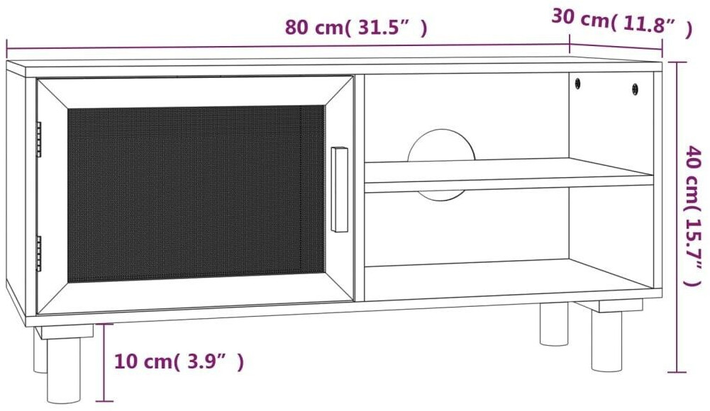 vidaXL TV cabinet black 80x30x40 cm solid wood pine natural rattan (345614)