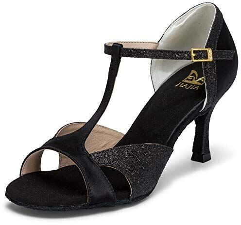 Jia Jia Women's Sandals flared Heel Super-Satin with sparkling Glitter Black