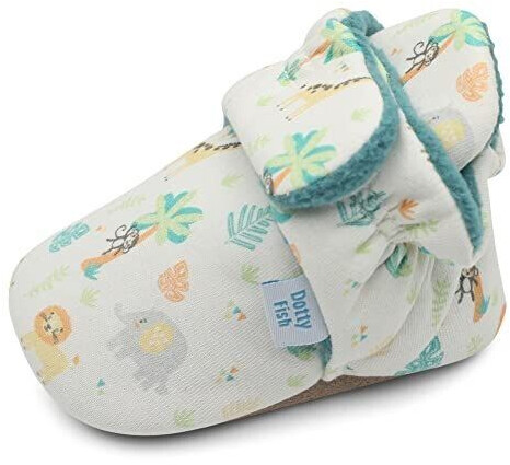 Dotty Fish Baby winter shoes with suede sole warm baby with cotton lining non-slip teal fleece with safari animals 12-18 months