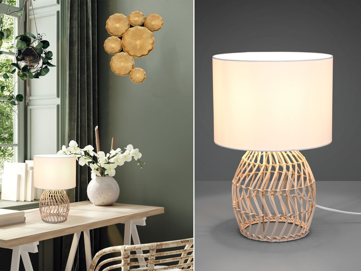 Meine Wunschleuchte LED Tischleuchte Boho Stil Nachttischlampe Rattan Natur Stoffschirm WeiB O25cm ab 40 99 Preisvergleich bei idealo
