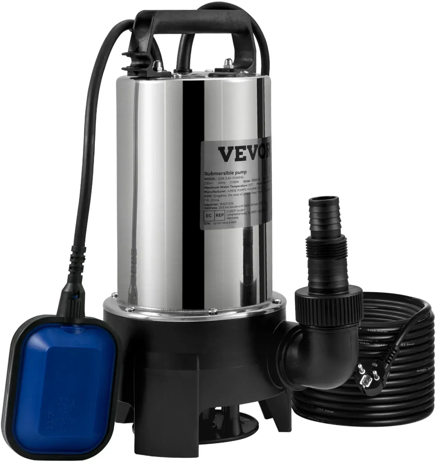 VEVOR Pompe de Relevage pour eaux chargées 333,3 L/mn