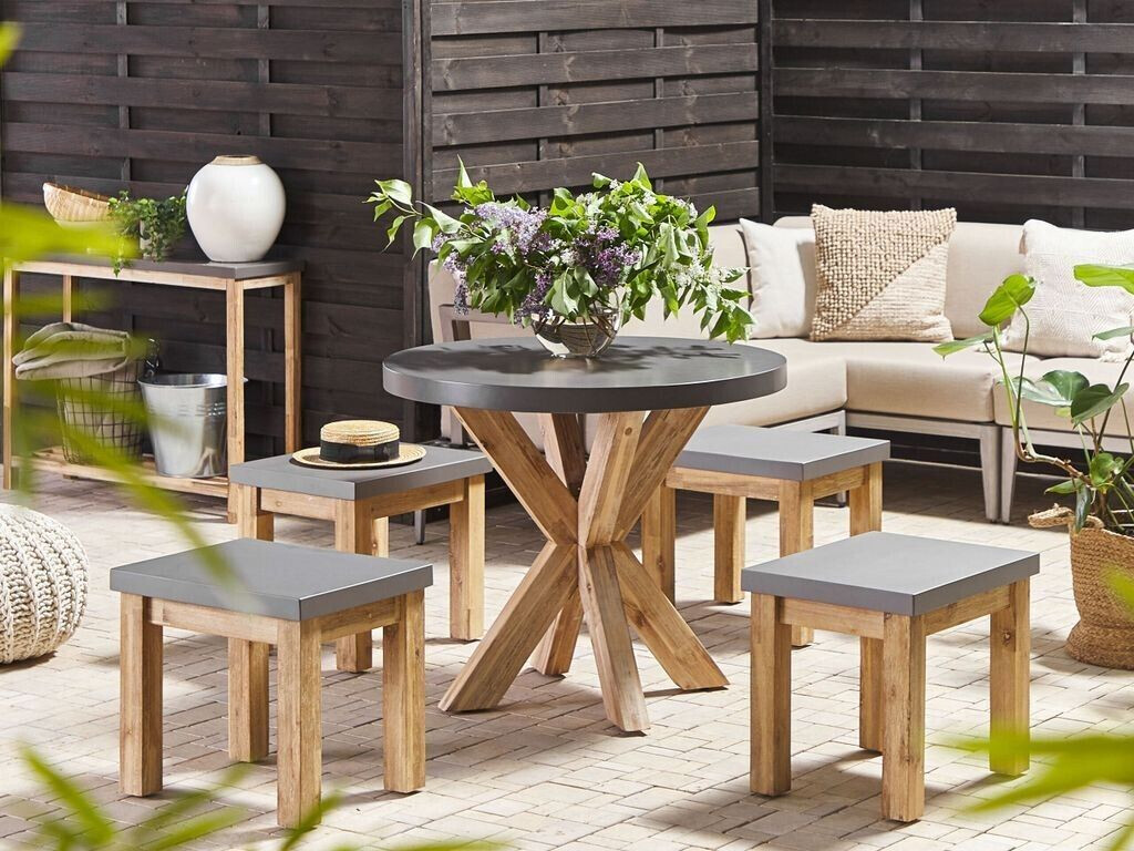 Beliani Garden table fiber cement round 90cm acacia wood frame grey