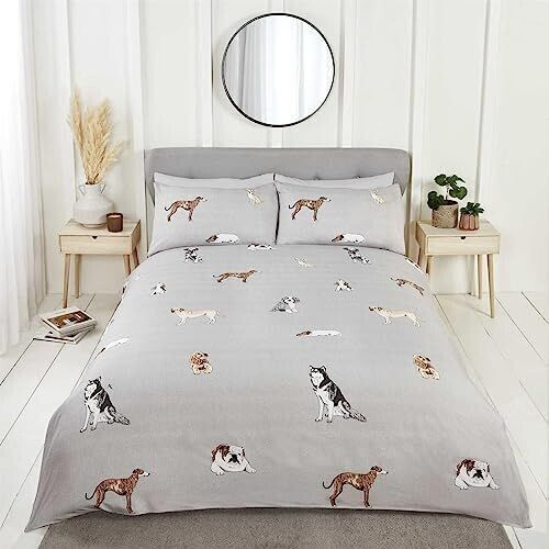 Rapport Home Pawsome Reversible Bedding Set with Dog Motif Microfiber King Size Gray