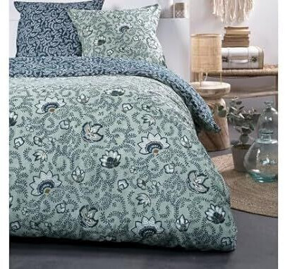 Today Bed linen printed with leaves and flowers cotton Sunshine Blue 220x240 cm