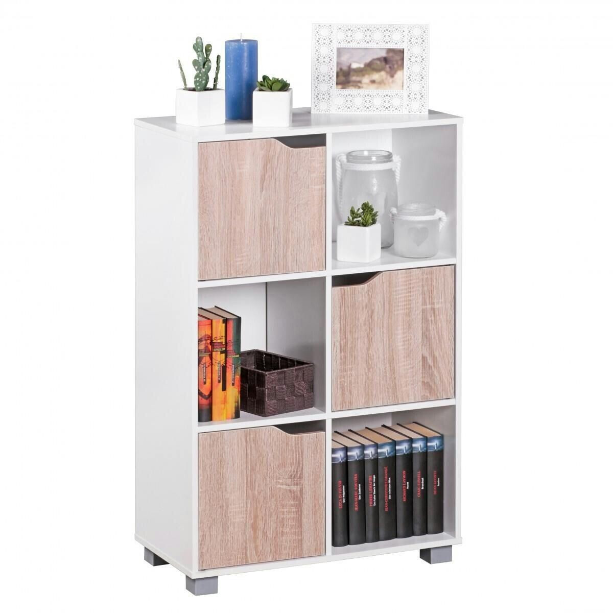 Finebuy Bookcase standing shelf white freestanding shelf Sonoma door drawer white wood - white wood SuVa3672_1