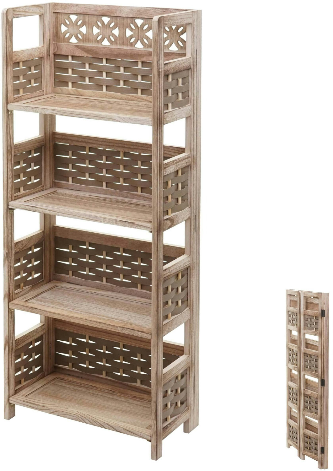 Mendler HWC-K86 shelf, living shelf, foldable 4 shelves, FSC-certified wood 110cm brown, brown braid - brown wood 97662
