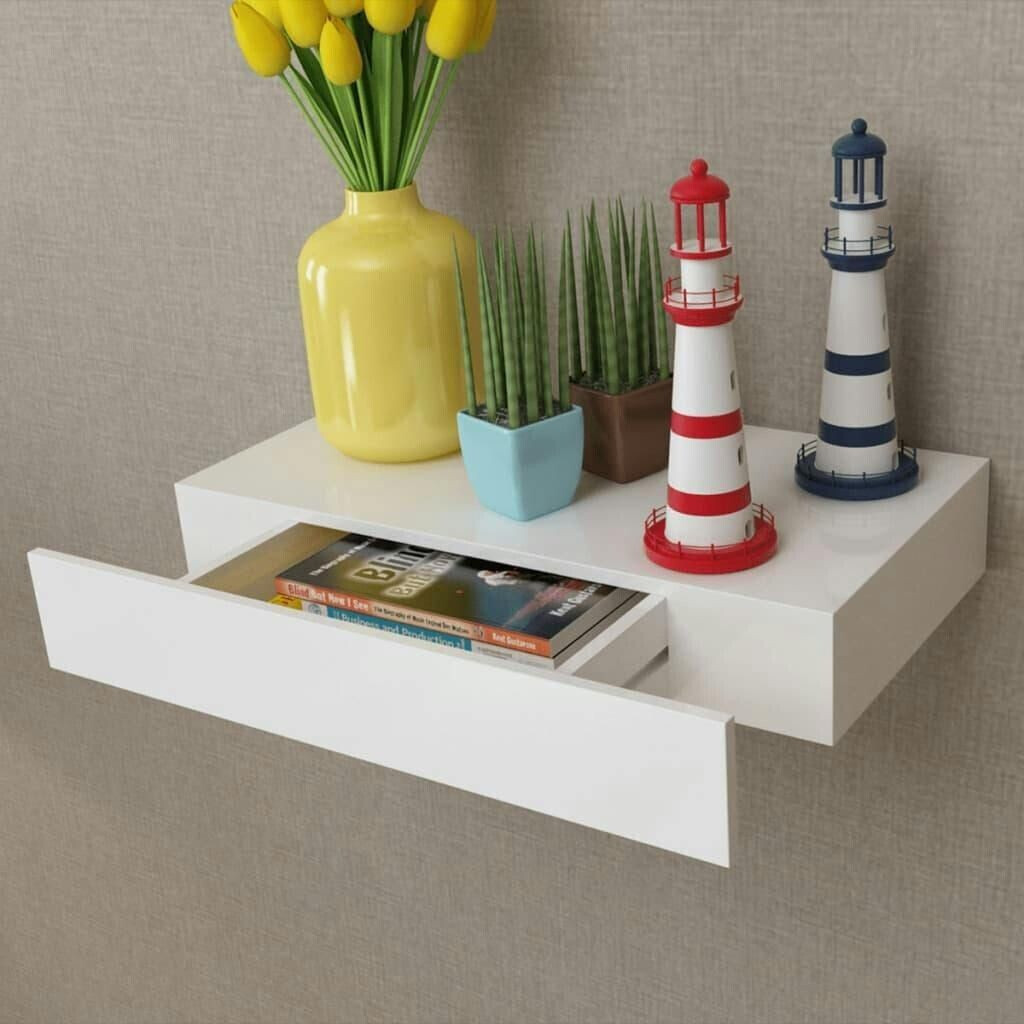 vidaXL MDF wall shelf hanging book/DVD shelf with 1 drawer, white - 242187