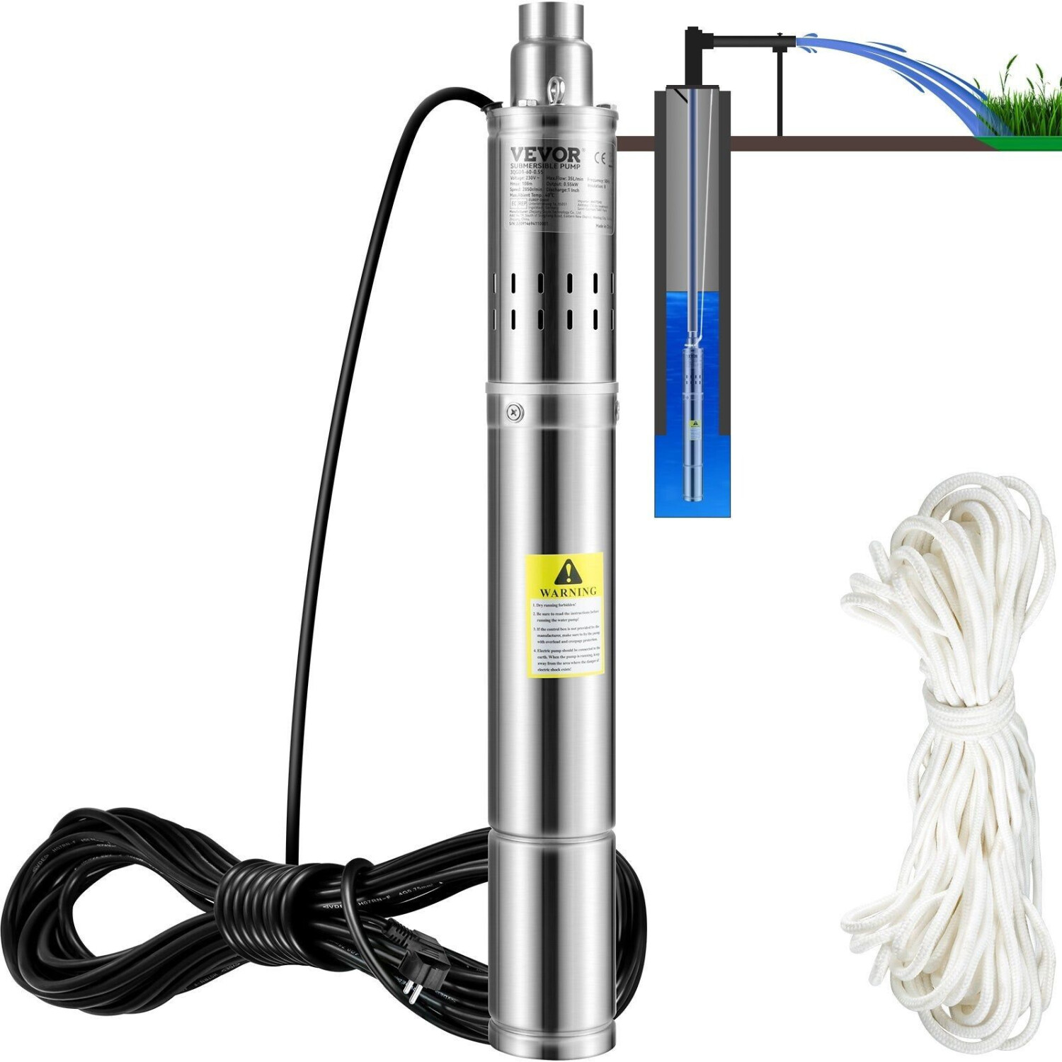 VEVOR Submersible Well Pump 35L/min 550W 108m 2100l/h