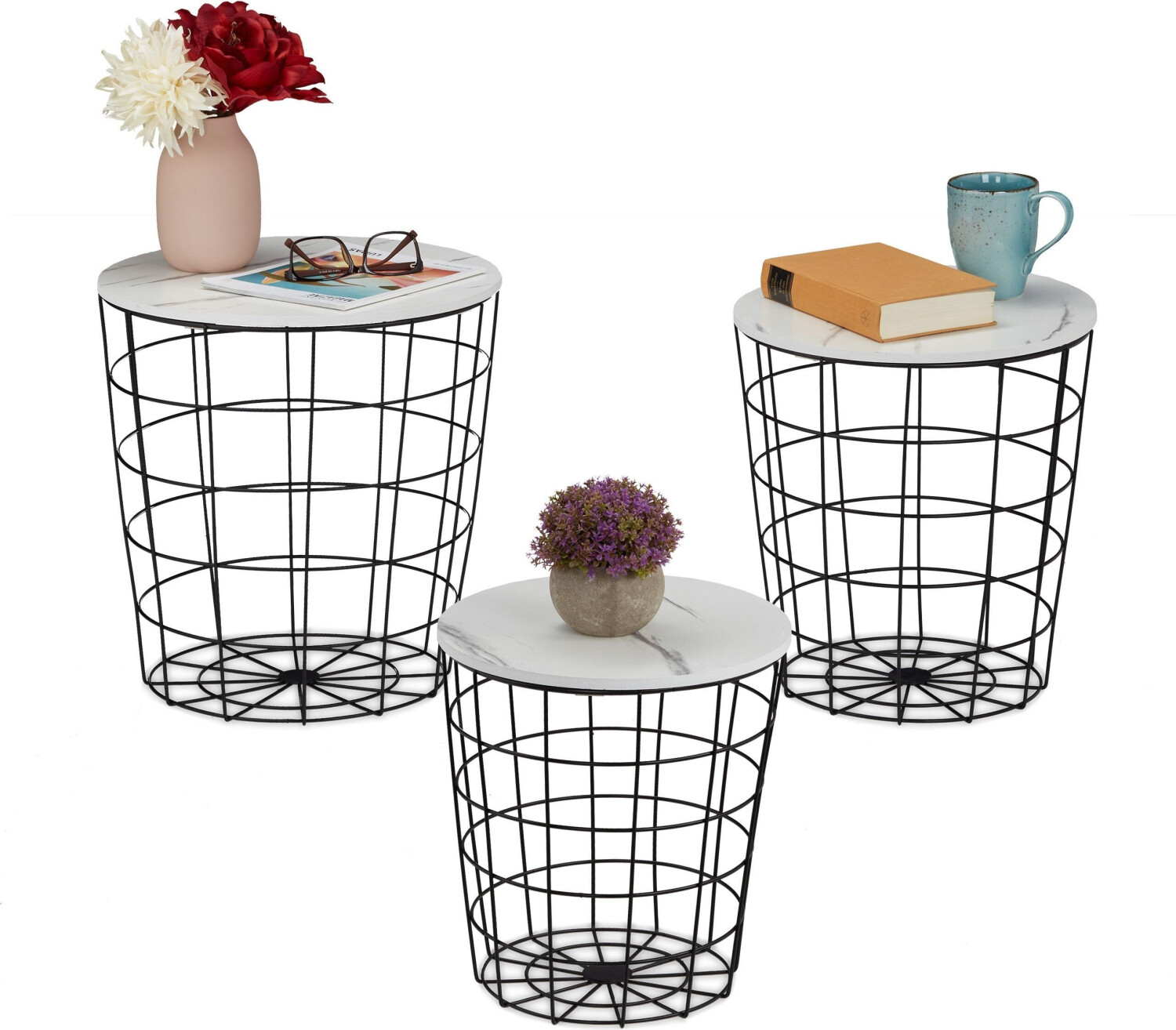 Relaxdays Coffee table + side table 3x wicker table 39x39x41 cm black