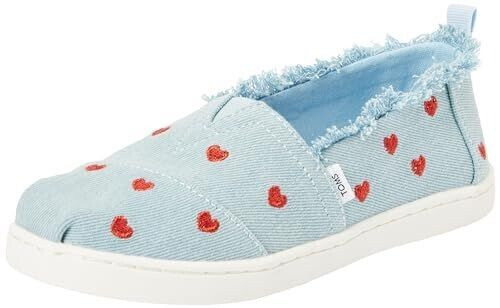 TOMS Shoes Youth Girl's Classic Alpargata Espadrille Loafer Flat pastel blue washed denim metallic embroidered hearts