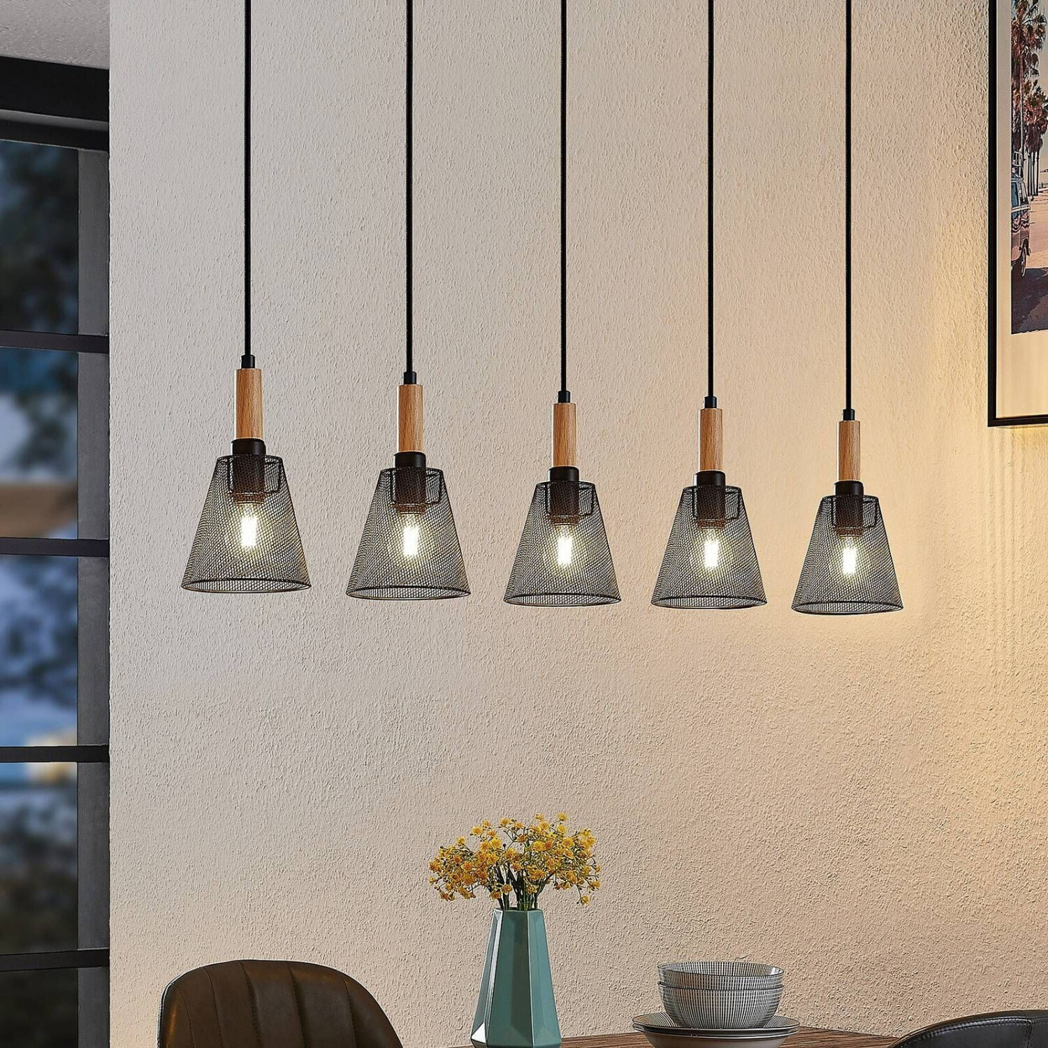 Lindby Layne pendant lamp, wicker shades, five-bulb