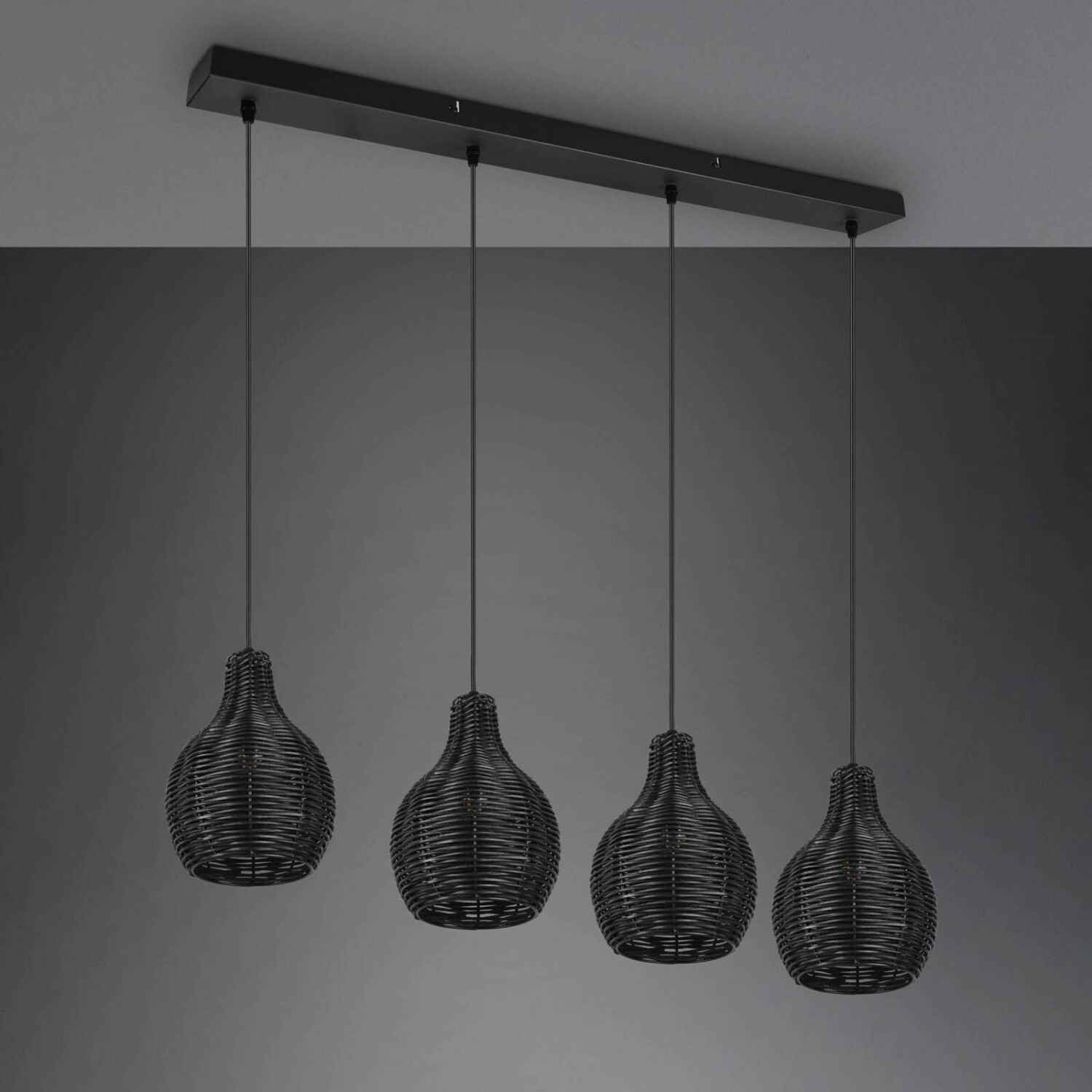 Trio Sprout hanging lamp made of rattan, 4-bulb, black