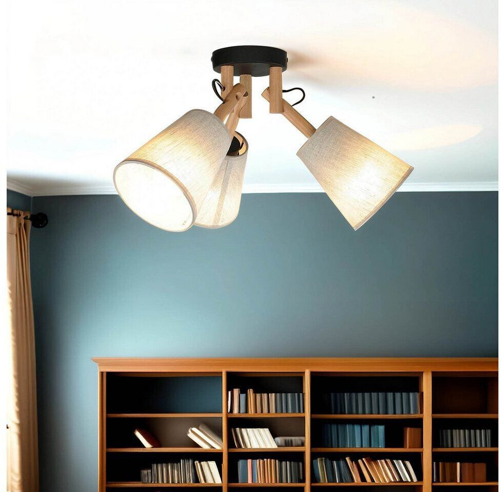 Licht-Erlebnisse Ceiling lamp E27 3-flame Fabric wood metal w: 46 cm h: 30 cm Ceiling light living room dining room - light wood, greige (gray-beige), black