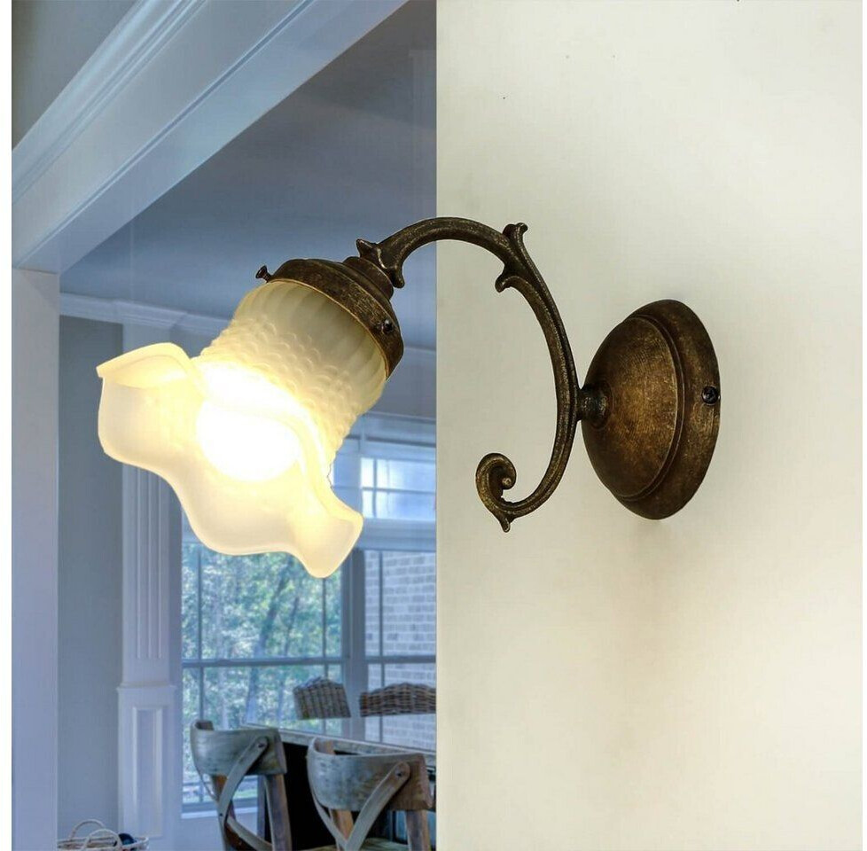 Licht-Erlebnisse Brass wall light white Glass shade Vintage Ricciolo - Bronze antique matt, white