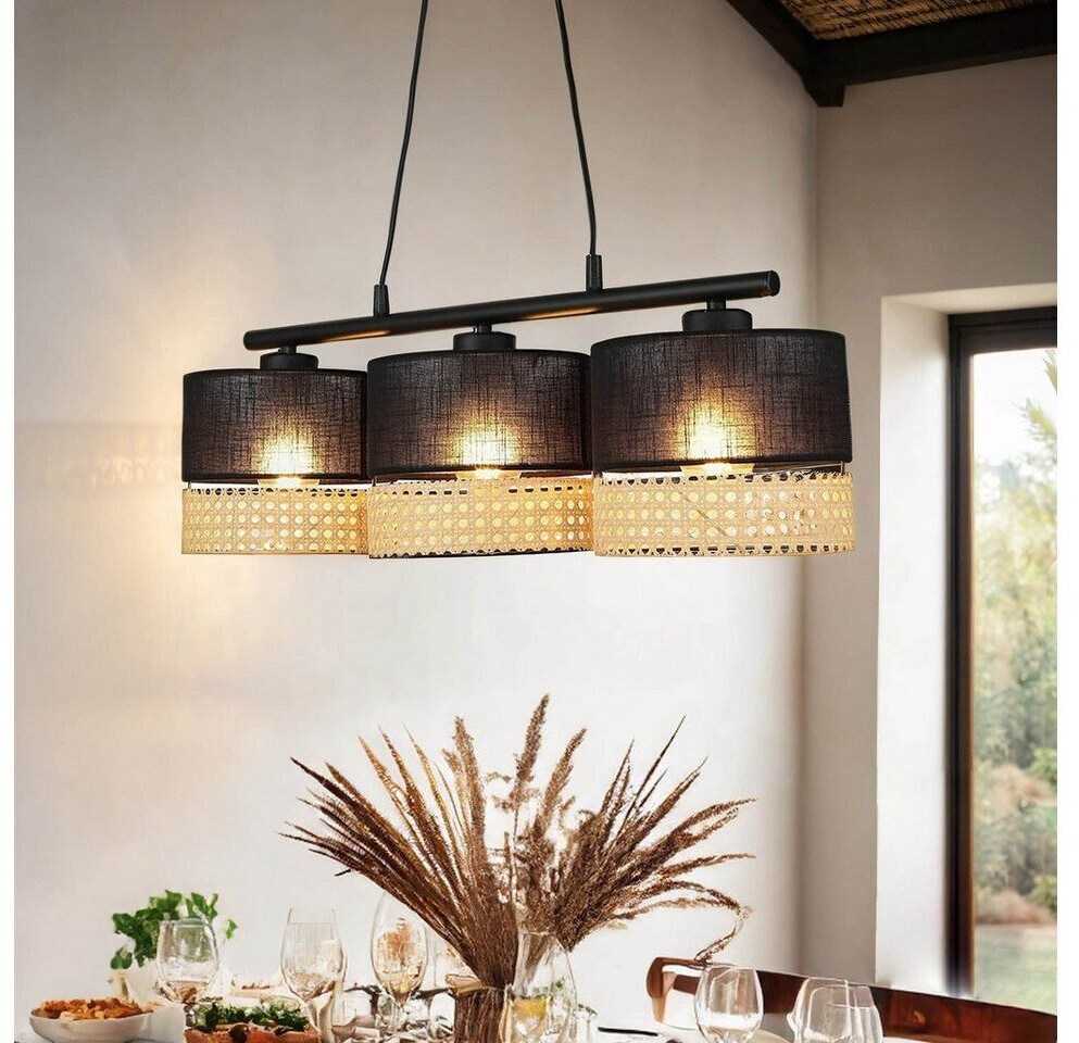 Licht-Erlebnisse Pendant lamp black brown width: 70 cm height adjustable 3-flame E27 fabric rattan boho hanging lamp dining table - black, brown