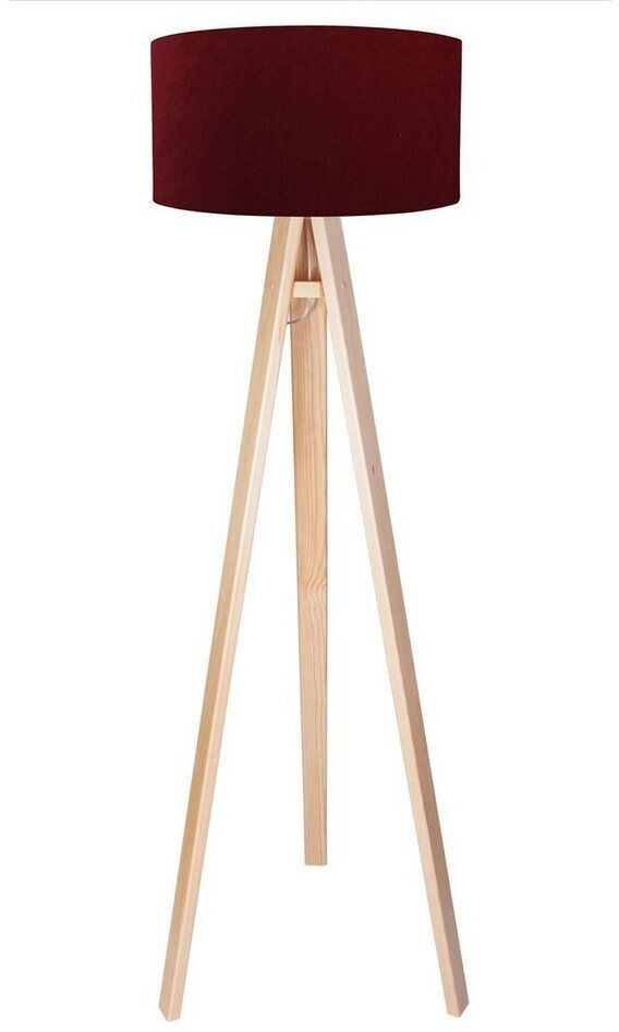 Licht-Erlebnisse Floor Lamp Tripod 140 cm E27 Red Natural Fabric Wood Retro Floor Lamp - Pine, Bordeaux Red, silver
