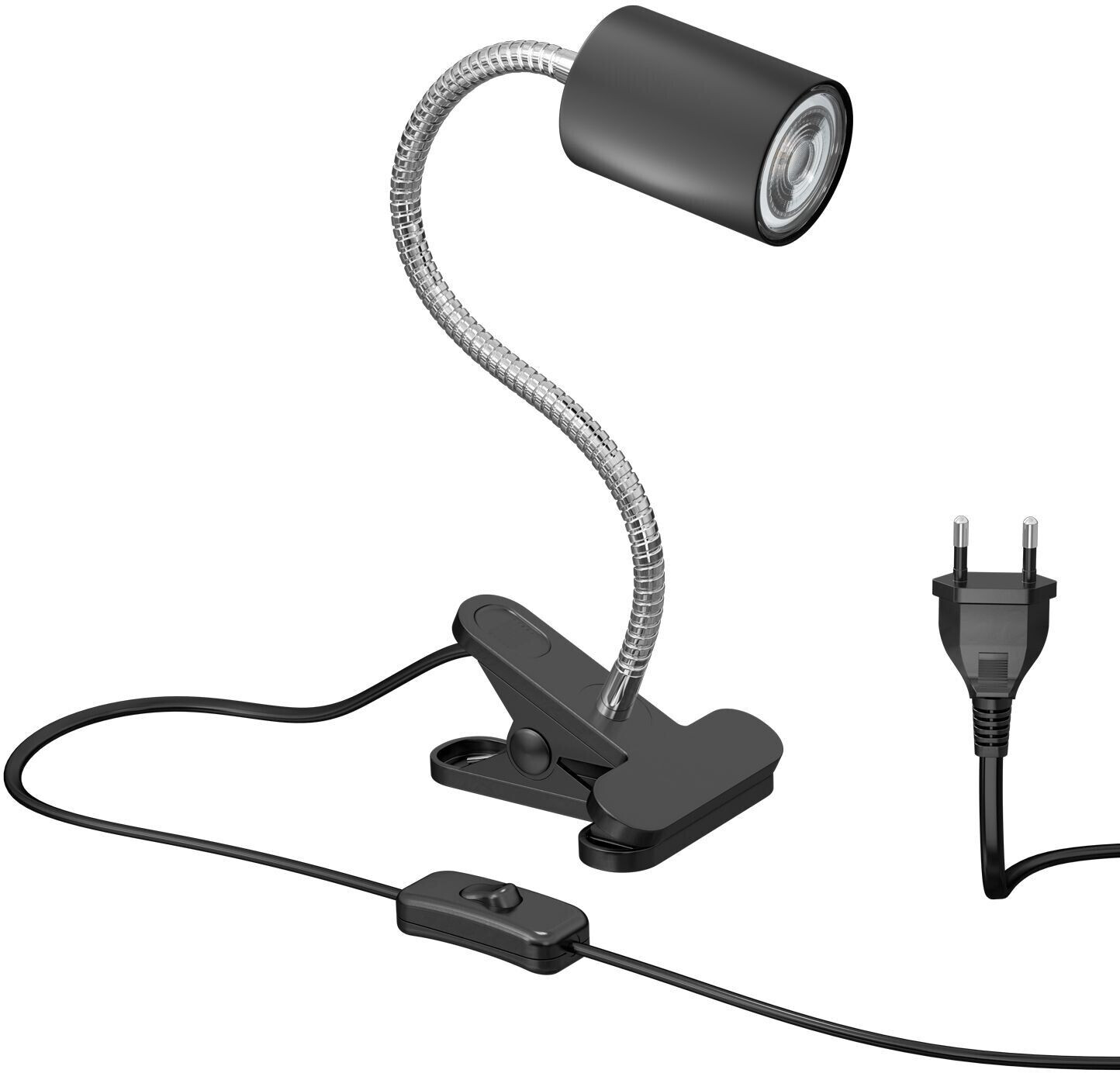 ledscom.de WAIKA clamp light with gooseneck and switch, matt black, incl. GU10 LED lamp (warm white, 5.4W, 510lm, 50°)