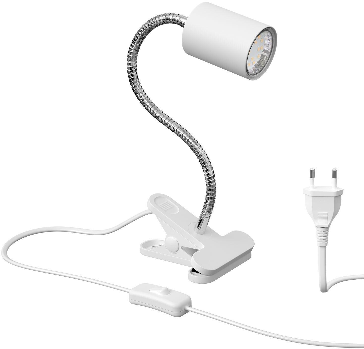 ledscom.de WAIKA clamp light with gooseneck and switch, matt white, incl. GU10 LED lamp (warm white, 2.339W, 227lm, 110°)