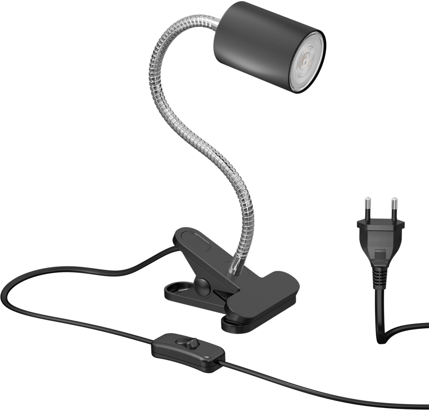 ledscom.de WAIKA clamp light gooseneck and switch matt black + GU10 LED, PAR16, warm white, 6.05W, 374lm, 70°, 3-stage dimmer