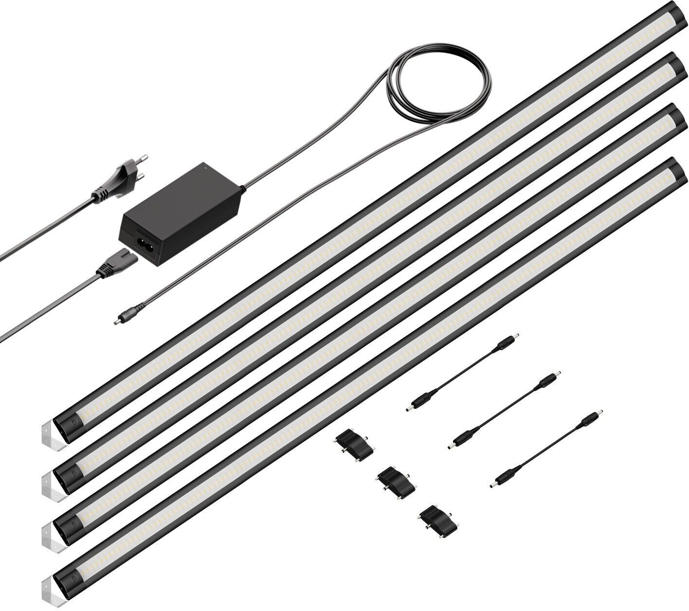 ledscom.de LED under-cabinet light SIRIS black matt, corner mounting, flat, 90cm, 1044lm each, white set of 4