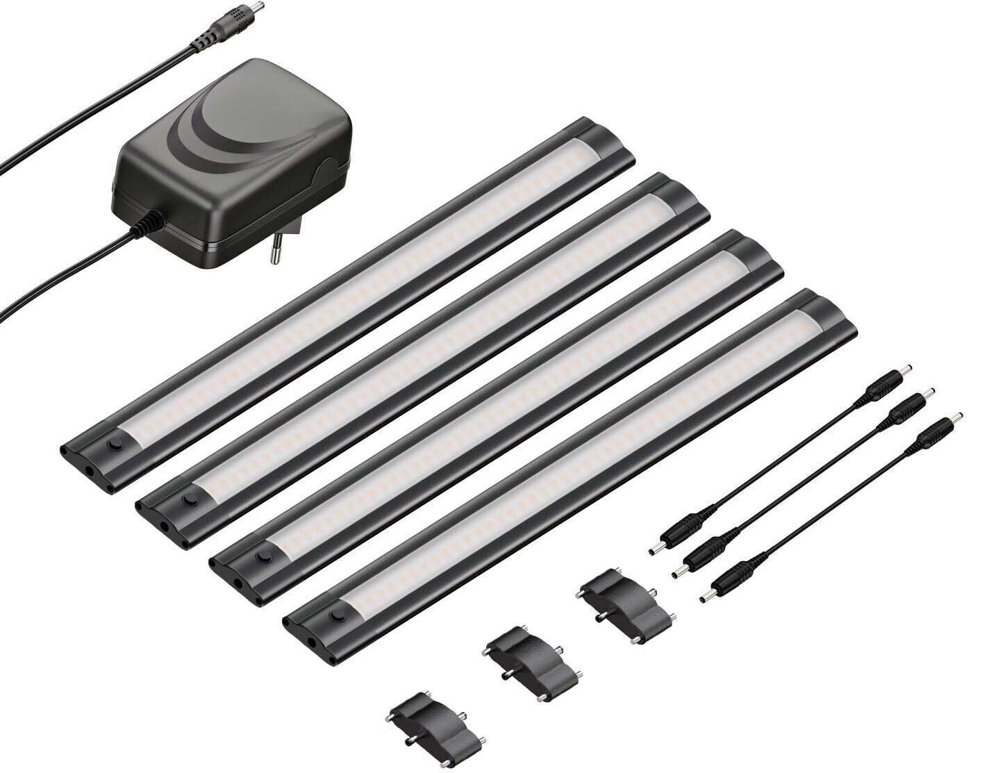 ledscom.de LED under-cabinet light SIRIS, matt black, flat, 30cm, 368lm each, warm white, set of 4