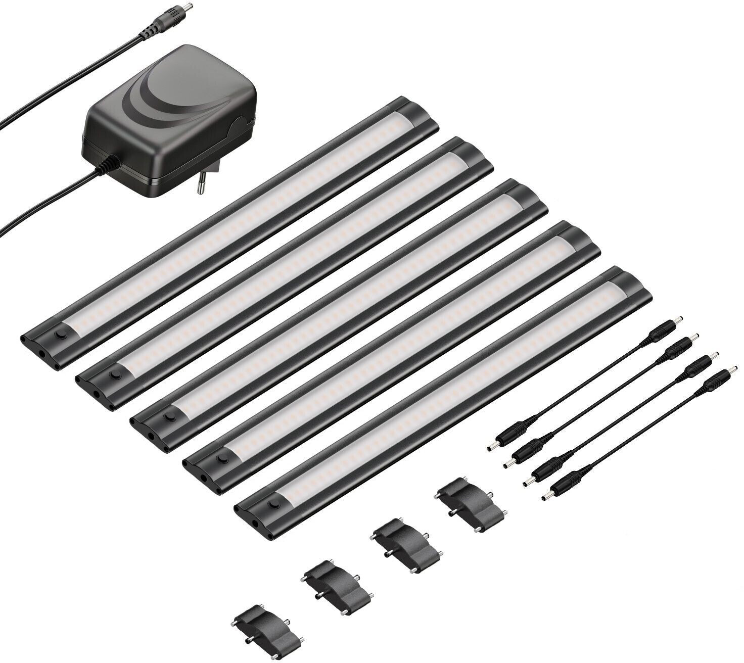 ledscom.de LED under-cabinet light SIRIS, matt black, flat, 30cm, 368lm each, warm white, set of 5