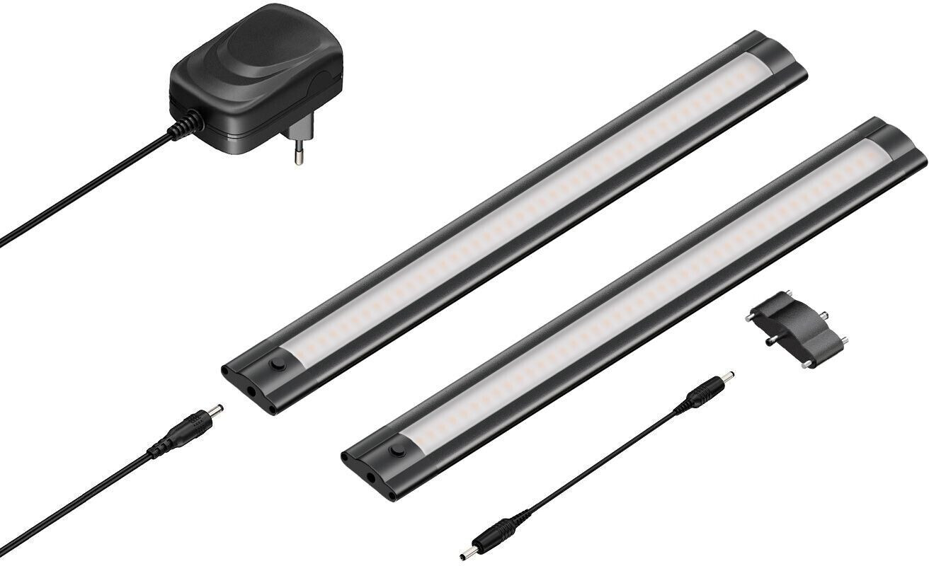 ledscom.de LED under-cabinet light SIRIS black matt, flat, 30cm each, 368lm each, warm white, set of 2