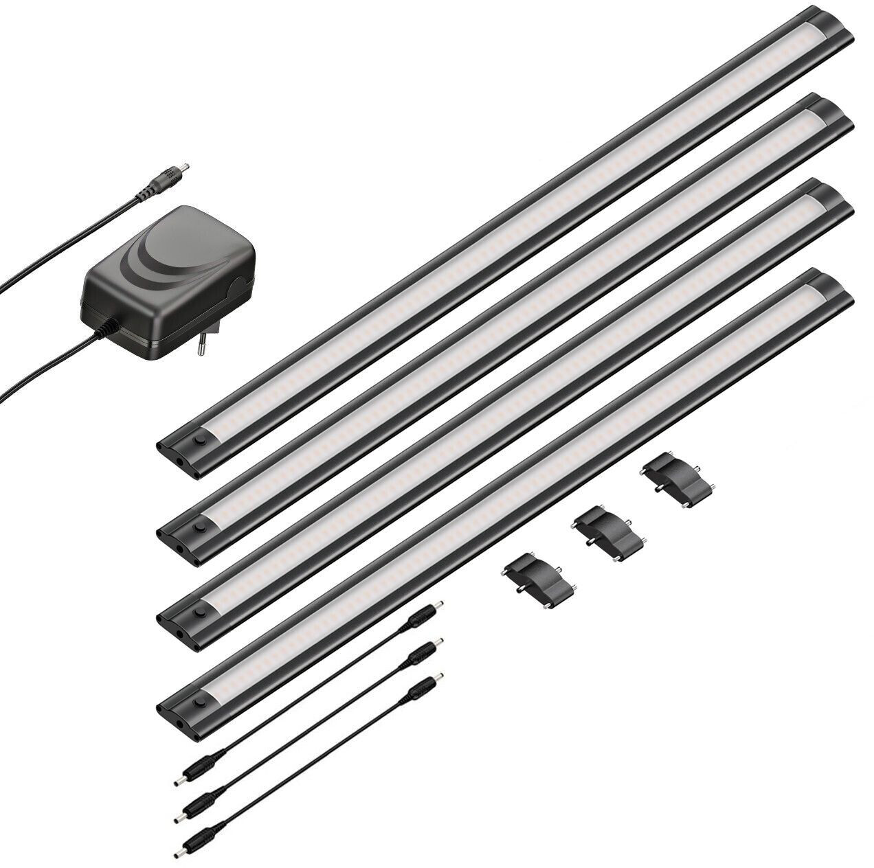 ledscom.de LED under-cabinet light SIRIS, matt black, flat, 50cm each, 531lm each, warm white, set of 4