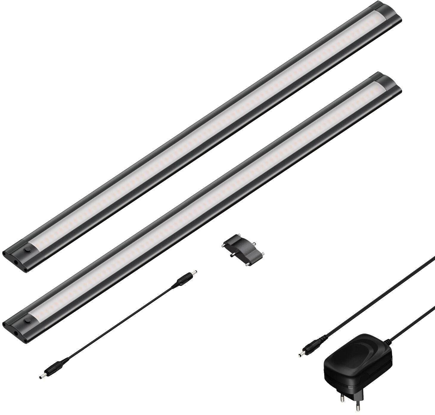 ledscom.de LED under-cabinet light SIRIS, matt black, flat, 50cm each, 655lm, white, set of 2