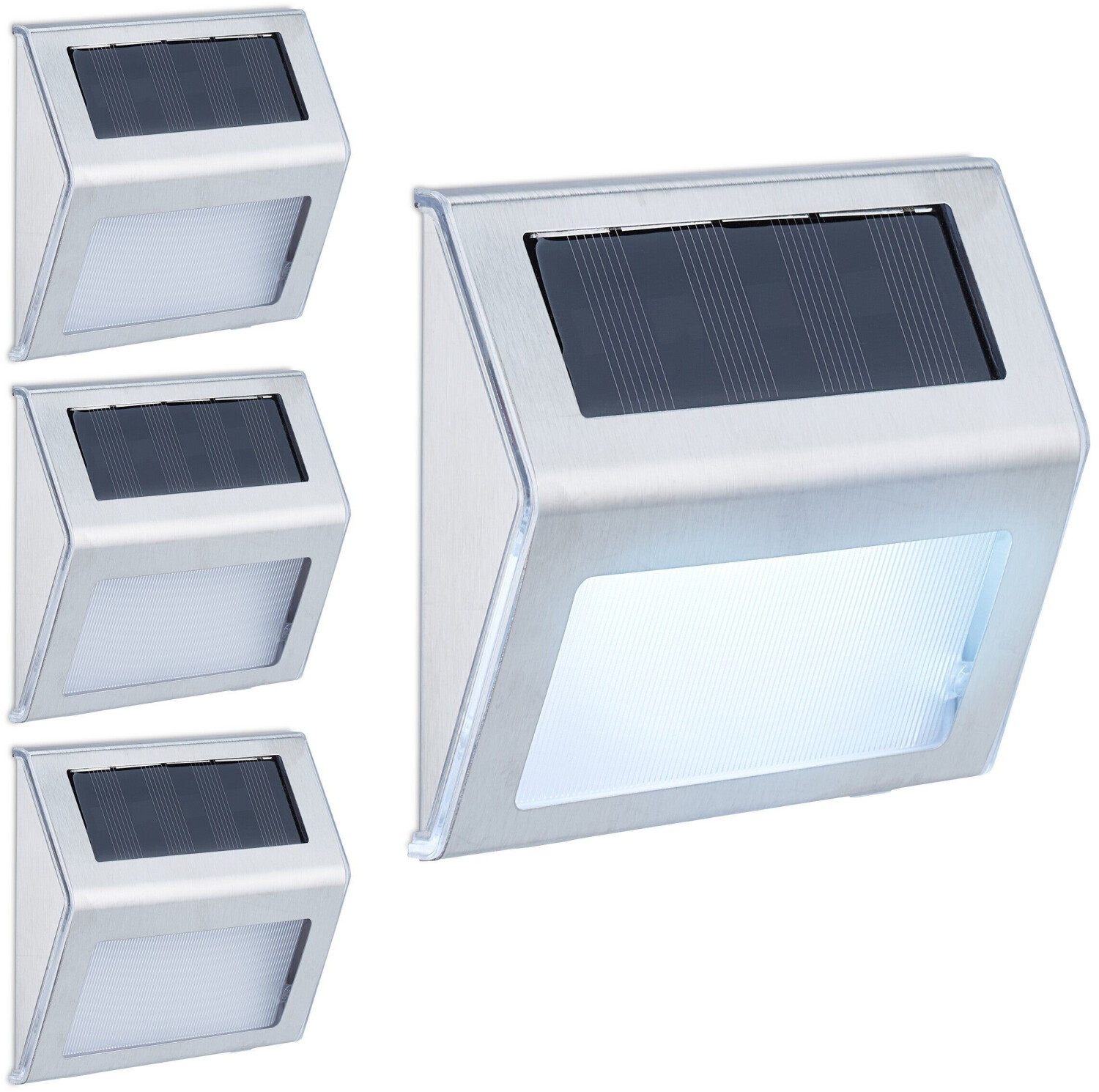 Relaxdays Solar lamps for walls, set of 4, house entrance & garden, LED outdoor light, IP44, stainless steel, white light silver