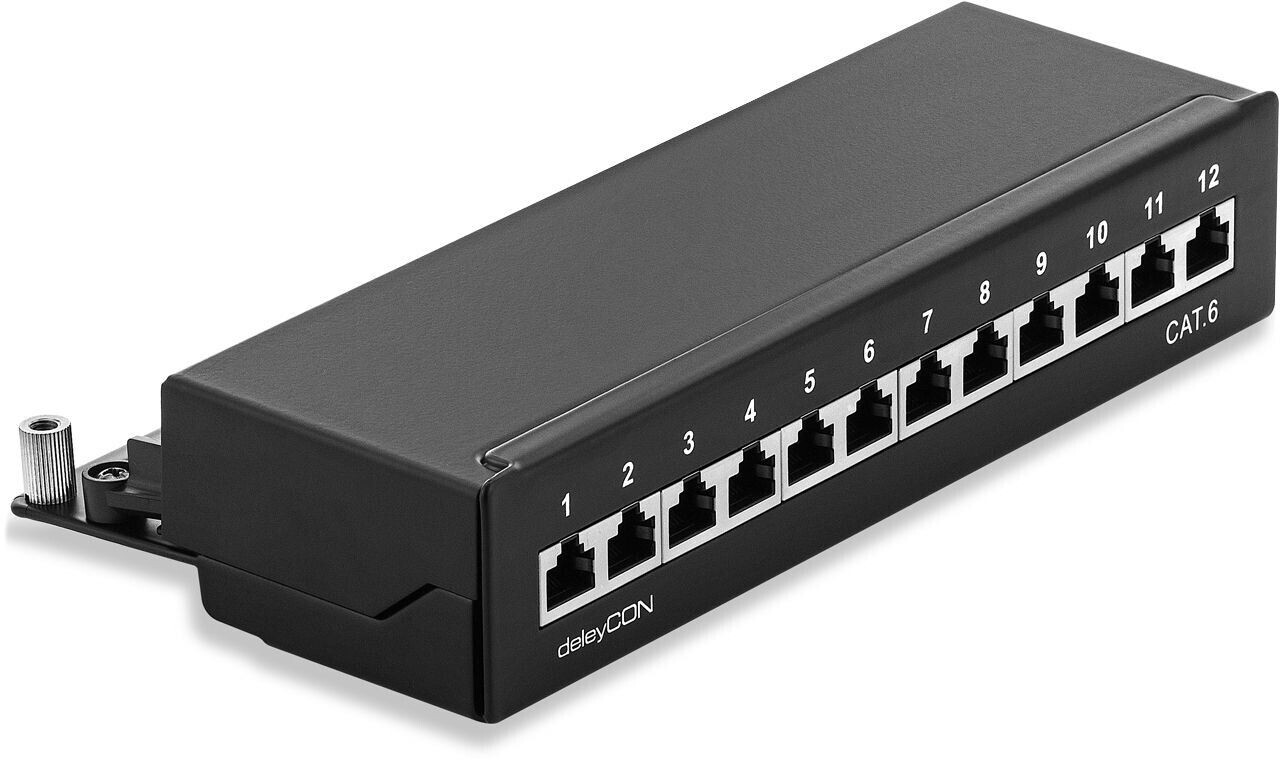 deleyCON CAT6 Network Panel 12-Port Patch Panel Distributor Field Desktop & Wall Mounting Shielded 12x RJ45 Ports