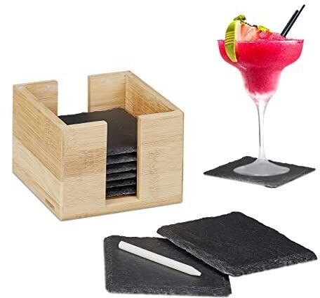 Relaxdays Coaster 10027303, square, slate, 10 x 10 cm, with bamboo box, 8 pieces