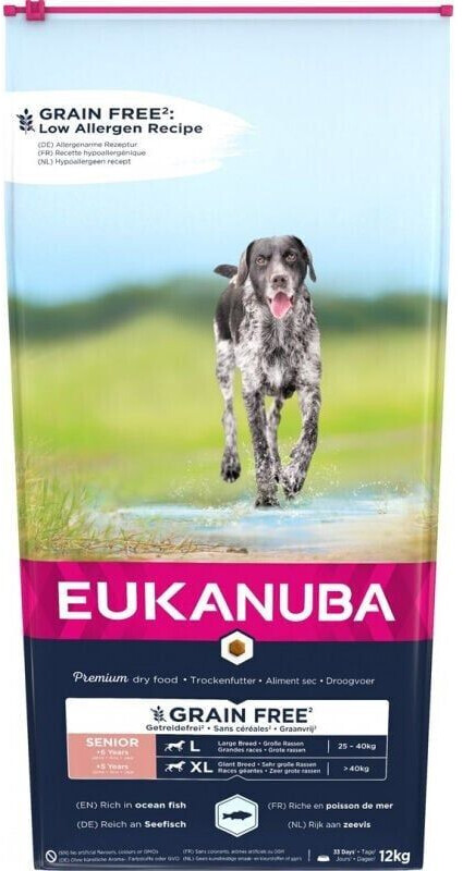 Eukanuba Grain Free Senior grandes races croquettes pour chien poisson de mer (12 kg)