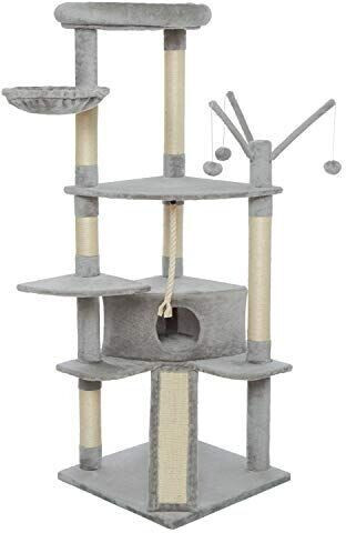 Meerveil Arbre à chat grande taille avec escaliers, couchette et plateformes 167 cm gris clair