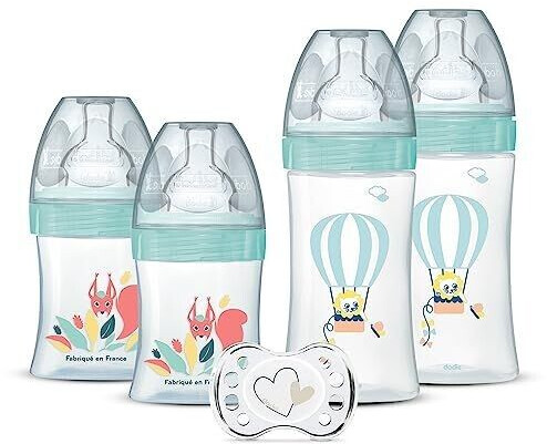 Dodie Lot de 4 biberons naissance anti-colique et une sucette bleu