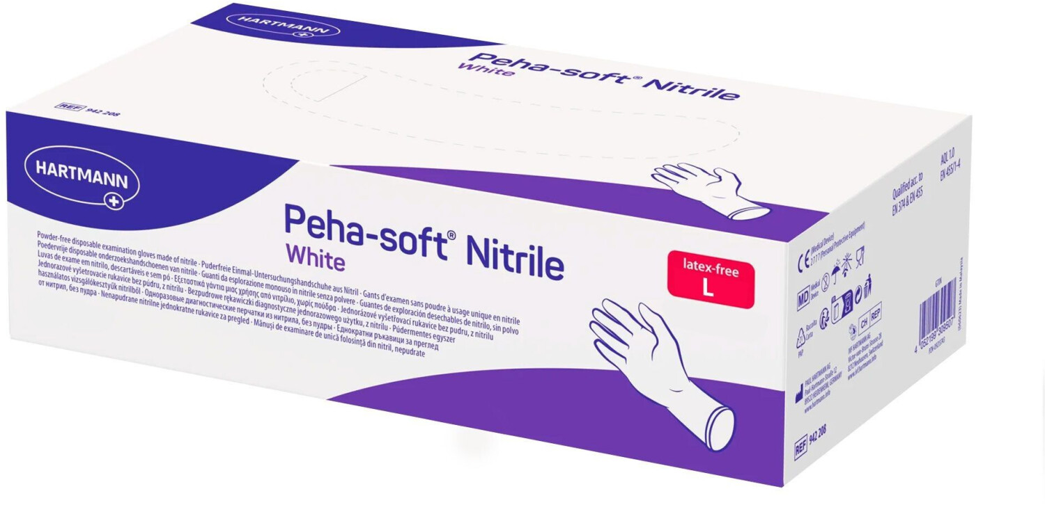 Hartmann 9422083 Peha-Soft nitrile white powderfree disposable gloves L 200 pcs.