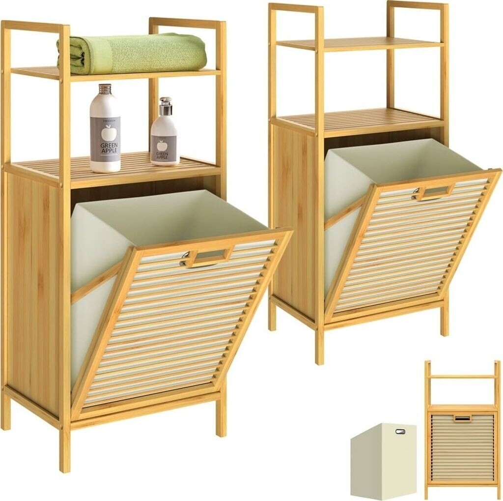 Casaria Set of 2 bamboo laundry baskets with shelf - brown solid wood