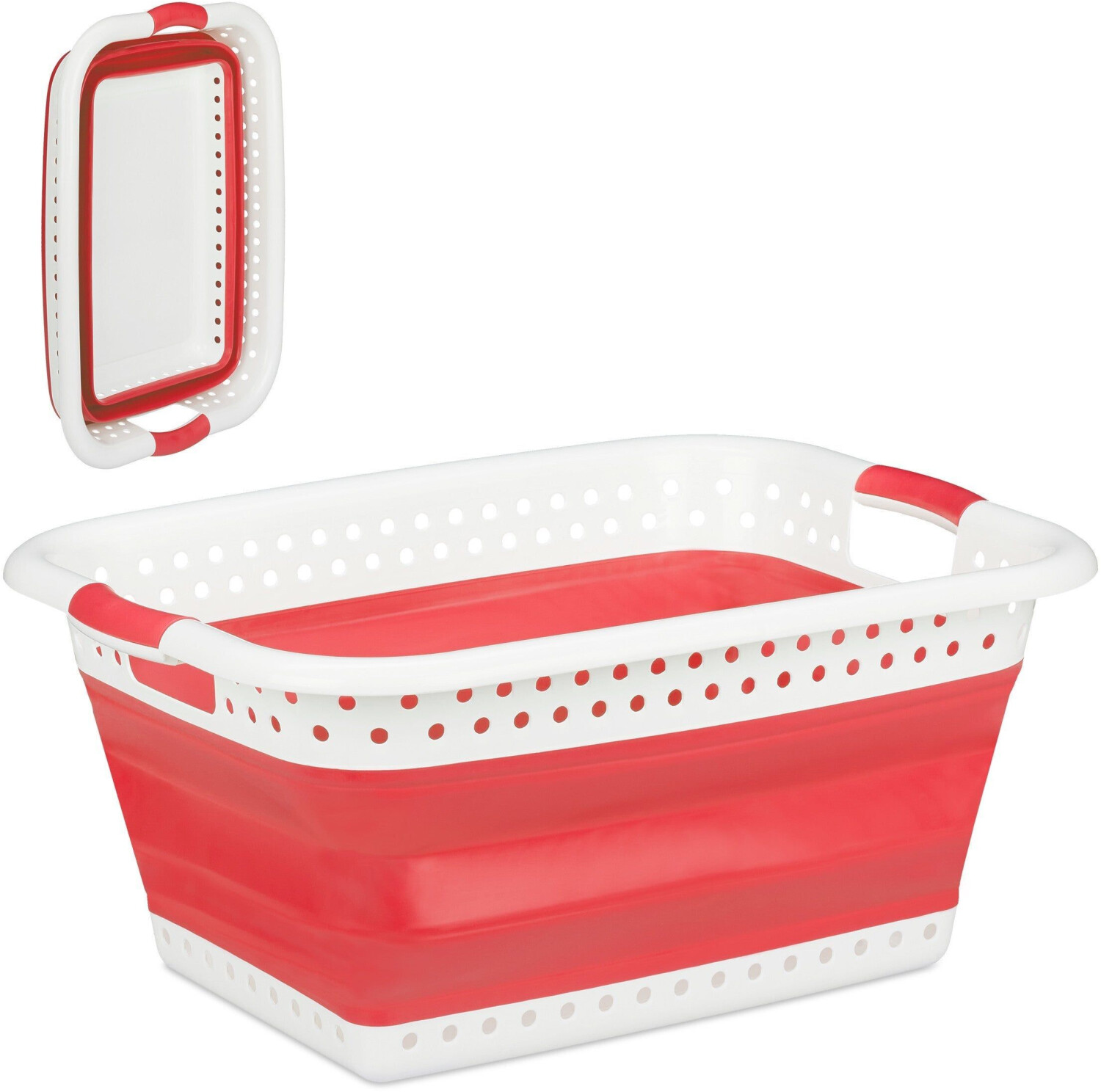 Relaxdays Laundry basket red, foldable, with 2 handles, plastic and rubber, 61x27x45.5 cm, 37 liters