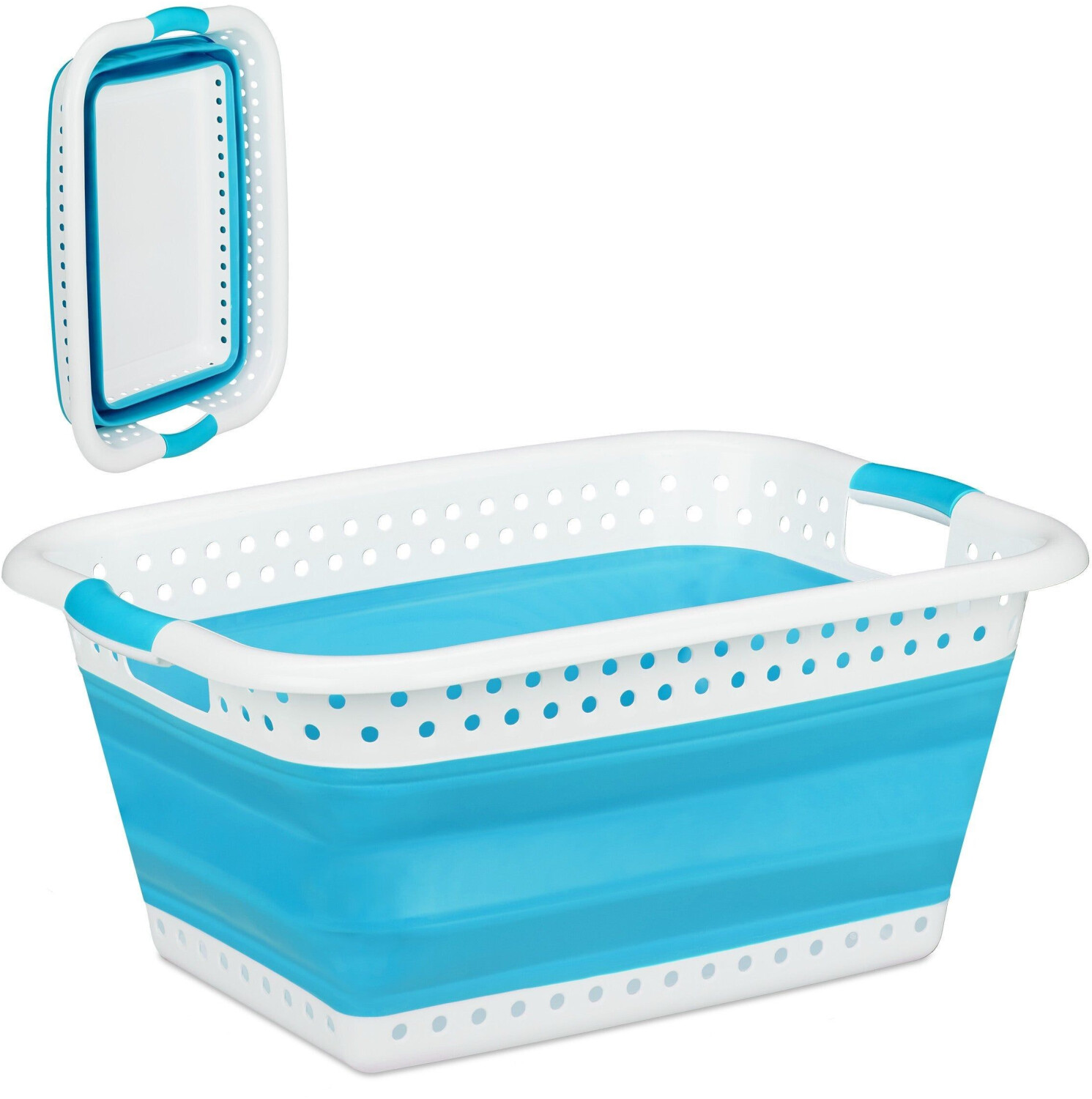 Relaxdays Laundry basket blue, foldable, with 2 handles, plastic and rubber, 61x27x45.5 cm, 37 liters