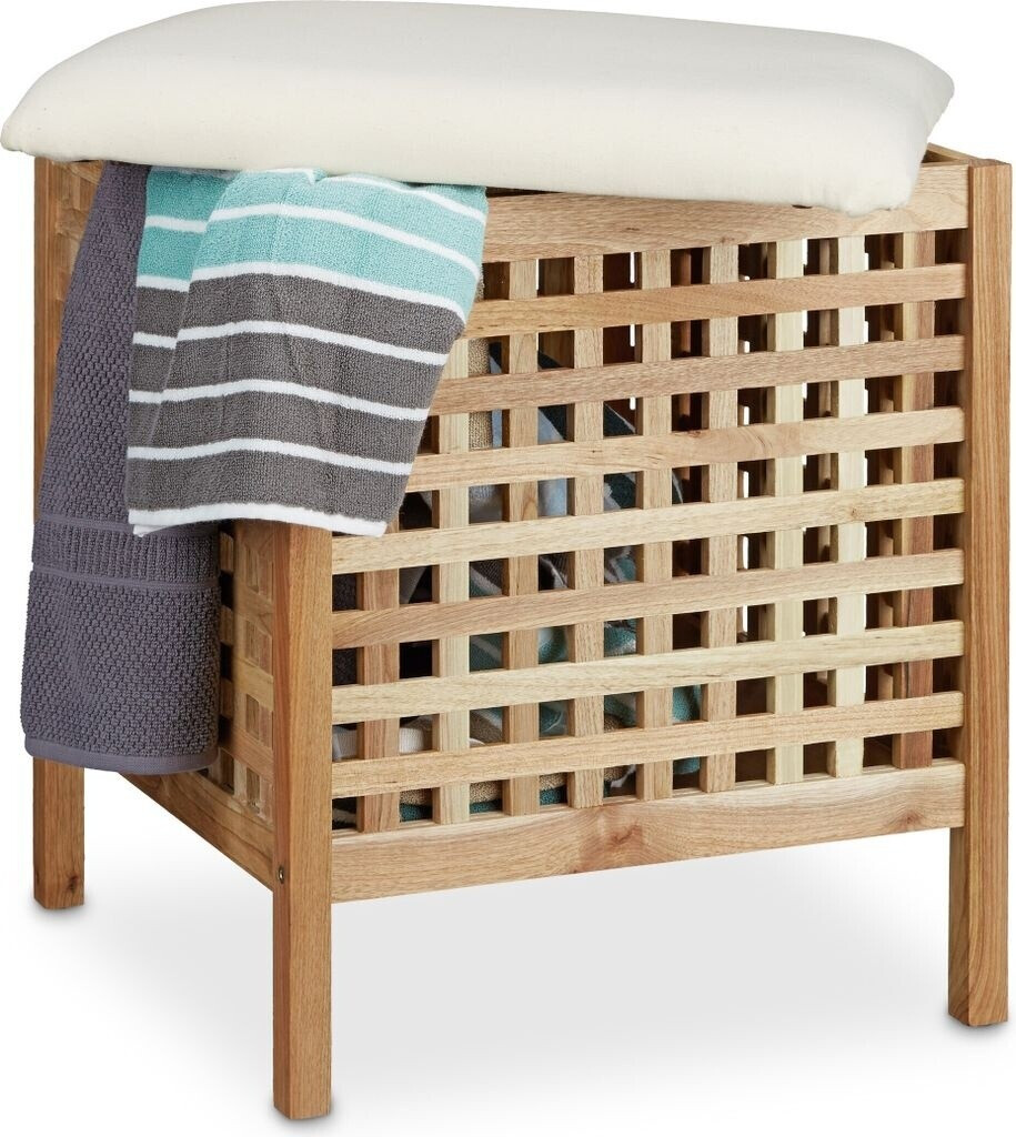 Relaxdays Laundry basket bathroom stool with seat cushion, made of walnut wood, 49x52x49 cm, 52 liters