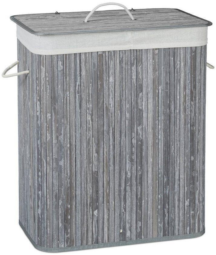 Relaxdays Laundry basket gray, with lid and 2 compartments, made of bamboo, foldable, 55x63x35 cm, 95 liters