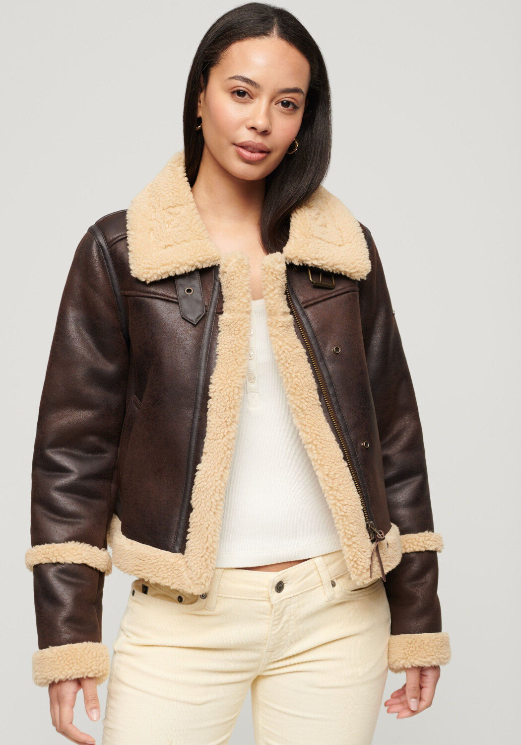 Superdry Faux Shearling Crop Jacket W5011691A dark brown au meilleur prix sur idealo